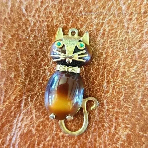 Vtg Hobco Tiger Eye Quartz Cat Charm Necklace Pendant - Picture 1 of 14